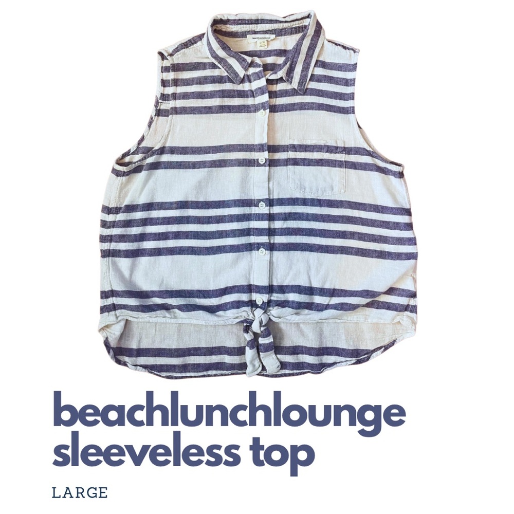 BeachLunchLounge - Tie Front Knot Linen Blend Blue and White Striped Top Size L